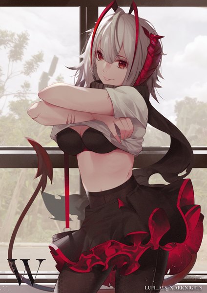Anime picture 2481x3508 with arknights w (arknights) lufi ays single tall image looking at viewer fringe highres short hair breasts light erotic smile hair between eyes red eyes standing signed tail parted lips horn (horns) grey hair
