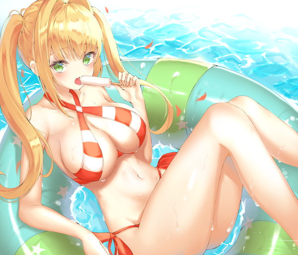 Anime picture 2817x2407 with fate (series) fate/grand order nero claudius (fate) (all) nero claudius (swimsuit caster) (fate) lotpi single long hair looking at viewer blush fringe highres breasts light erotic blonde hair large breasts twintails bare shoulders holding green eyes payot