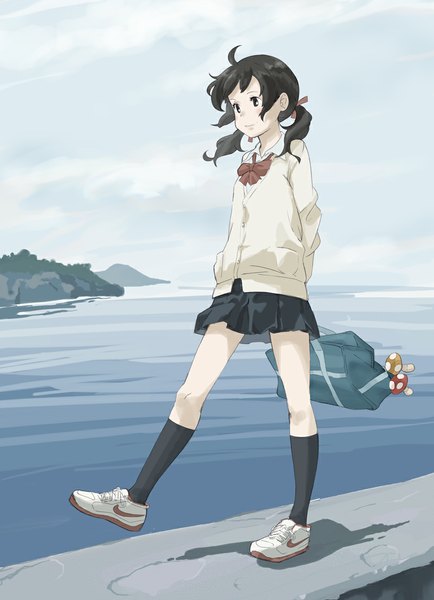 Anime picture 800x1104 with original nike popman3580 single long hair tall image blush fringe black hair twintails holding sky cloud (clouds) ahoge pleated skirt black eyes shadow hands behind back walking girl