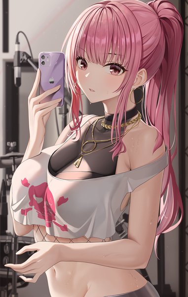 Anime picture 1000x1573 with virtual youtuber hololive hololive english apple inc. mori calliope mori calliope (streetwear) asato mai single long hair tall image looking at viewer blush fringe breasts light erotic large breasts standing holding payot pink hair