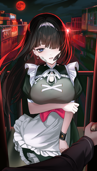 Anime picture 1025x1800 with original crying eye single long hair tall image looking at viewer fringe breasts blue eyes black hair parted lips head tilt hair over one eye night short sleeves maid night sky piercing ear piercing breast hold