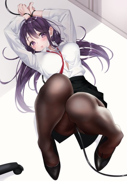 Anime picture 1438x2048 with original mugika single long hair tall image looking at viewer blush fringe breasts light erotic hair between eyes large breasts purple eyes purple hair full body bent knee (knees) lying long sleeves from above arms up