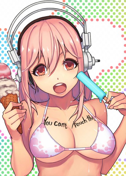 Anime picture 687x960 with nitroplus super sonico yuksi (loveispbb) single long hair tall image looking at viewer open mouth light erotic bare shoulders holding pink hair pink eyes inscription bare belly tattoo text happy english polka dot