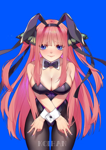 Anime picture 2894x4093 with go-toubun no hanayome nakano nino koi han single long hair tall image looking at viewer blush fringe highres breasts blue eyes light erotic simple background large breasts standing bare shoulders signed animal ears payot
