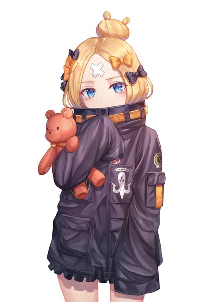 Anime picture 999x1413 with fate (series) fate/grand order abigail williams (fate) seungju lee single long hair tall image looking at viewer blush blue eyes simple background blonde hair white background long sleeves hair bun (hair buns) covered mouth heroic spirit traveling outfit girl jacket toy