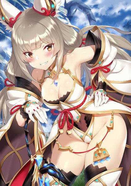 Anime picture 2894x4093 with xenoblade xenoblade 2 nia (xenoblade) nia (blade) (xenoblade) mdastarou single long hair tall image looking at viewer blush fringe highres breasts light erotic smile brown hair standing twintails bare shoulders animal ears