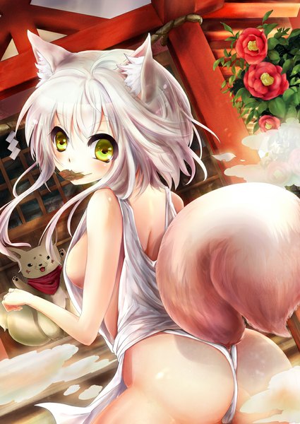 Anime picture 700x989 with original maronie. long hair tall image blush light erotic smile holding animal ears yellow eyes silver hair tail animal tail looking back fox ears mouth hold fox tail fox girl girl flower (flowers)