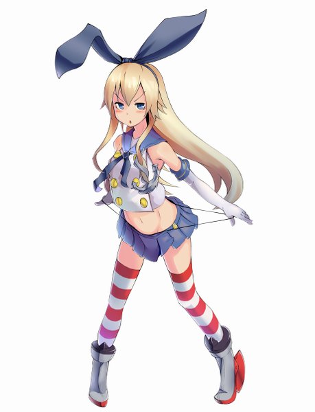 Anime picture 921x1204 with kantai collection shimakaze destroyer furorina single long hair tall image looking at viewer blush fringe blue eyes light erotic simple background blonde hair standing white background bare shoulders payot full body bent knee (knees) parted lips