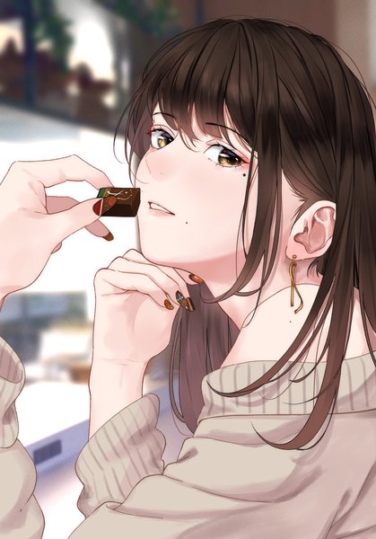Anime picture 1668x2388 with original saitou (lynx-shrike) single long hair tall image looking at viewer fringe hair between eyes brown hair holding brown eyes payot nail polish parted lips head tilt blurry off shoulder mole depth of field mole under eye