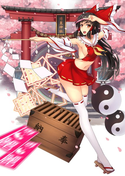 Anime picture 992x1402 with touhou hakurei reimu ti-tang single long hair tall image open mouth light erotic black hair red eyes midriff girl thighhighs skirt navel bow hair bow detached sleeves miniskirt petals