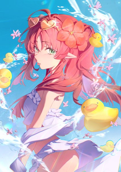 Anime picture 1639x2324 with arknights myrtle (arknights) myrtle (summer flowers) (arknights) zutto (dfvn7377) single long hair tall image looking at viewer light erotic green eyes pink hair ahoge hair flower pointy ears sparkle official alternate costume sunglasses on head girl flower (flowers) water