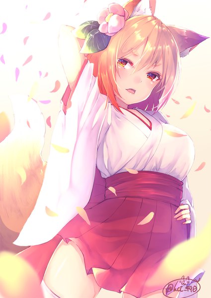 Anime picture 1417x2000 with original chita (ketchup) single tall image looking at viewer blush fringe short hair breasts open mouth light erotic hair between eyes standing signed animal ears tail traditional clothes japanese clothes animal tail pleated skirt