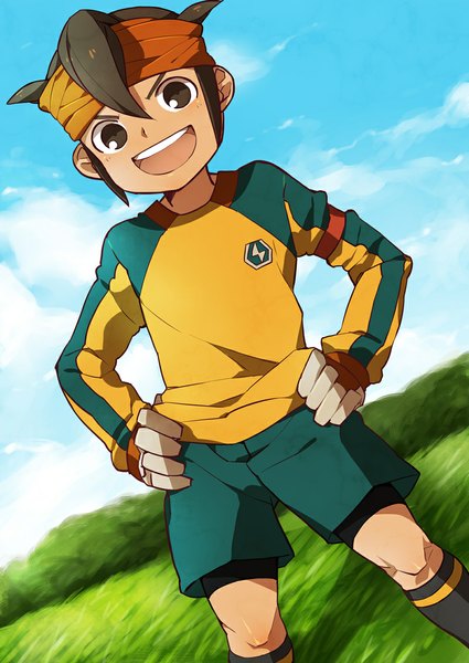 Anime picture 800x1130 with inazuma eleven endou mamoru yamaki suzume single tall image looking at viewer short hair open mouth brown hair brown eyes sky cloud (clouds) hands on hips boy gloves uniform plant (plants) hairband grass gym uniform