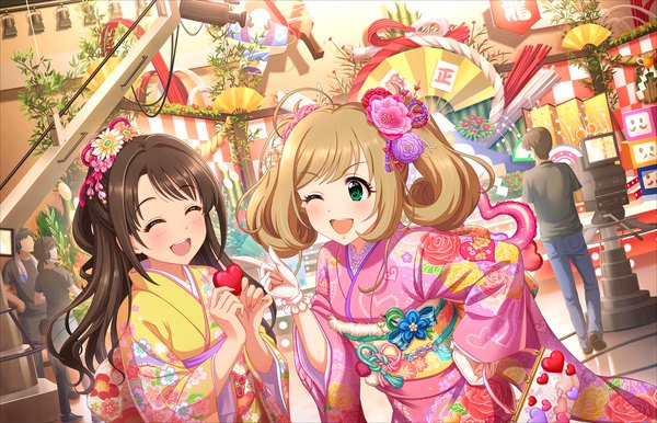 Anime picture 1280x824 with idolmaster idolmaster cinderella girls shimamura uzuki satou shin long hair blush open mouth blonde hair brown hair twintails multiple girls green eyes eyes closed traditional clothes japanese clothes one eye closed hair flower wink hand on hip ^ ^