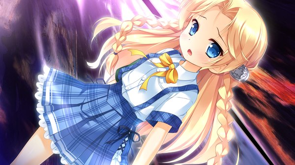 Anime picture 1024x576 with natsukumo yururu long hair blush open mouth blue eyes blonde hair wide image game cg braid (braids) loli girl uniform school uniform