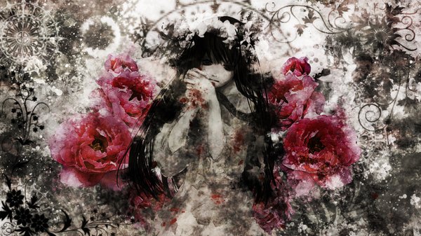 Anime picture 1867x1050 with vocaloid nora asahi single long hair fringe highres black hair wide image black eyes pale skin girl flower (flowers) wreath