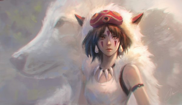 Anime picture 2000x1166 with mononoke hime studio ghibli san moro no kimi chaosringen fringe highres short hair brown hair wide image brown eyes animal ears looking away realistic teeth fang (fangs) facial mark mask on head girl earrings