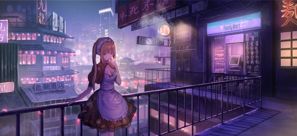 Anime picture 3168x1456 with original nogi momoko single long hair fringe highres breasts blue eyes blonde hair hair between eyes wide image standing twintails payot looking away cleavage outdoors night maid city