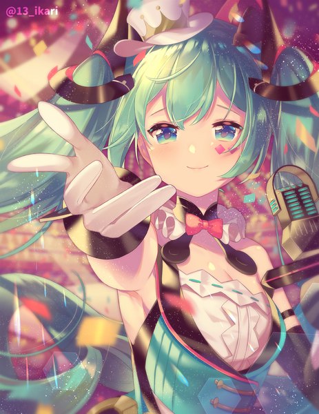 Anime picture 1546x2000 with vocaloid magical mirai (vocaloid) hatsune miku magical mirai miku magical mirai miku (2019) ikari (aor3507) single tall image looking at viewer blue eyes smile twintails signed upper body very long hair green hair twitter username lens flare outstretched hand girl