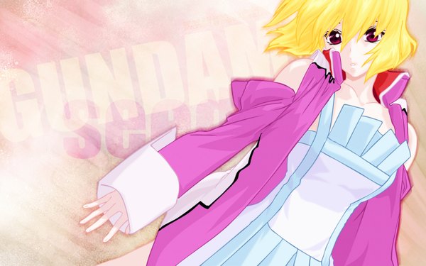 Anime picture 1440x900 with mobile suit gundam gundam seed destiny sunrise (studio) stellar loussier single blonde hair wide image bare shoulders pink eyes girl jacket