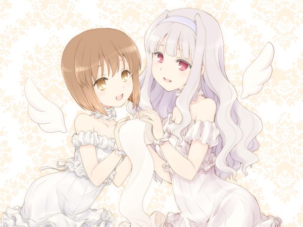 Anime picture 1600x1200 with idolmaster idolmaster (classic) shijou takane hagiwara yukiho fujieda miyabi long hair blush short hair open mouth smile brown hair bare shoulders multiple girls brown eyes silver hair pink eyes girl dress 2 girls wings