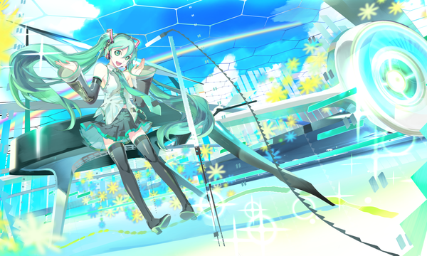 Anime picture 2000x1200 with vocaloid hatsune miku 119 single long hair highres open mouth wide image twintails bare shoulders sky cloud (clouds) aqua eyes aqua hair girl skirt detached sleeves necktie thigh boots microphone