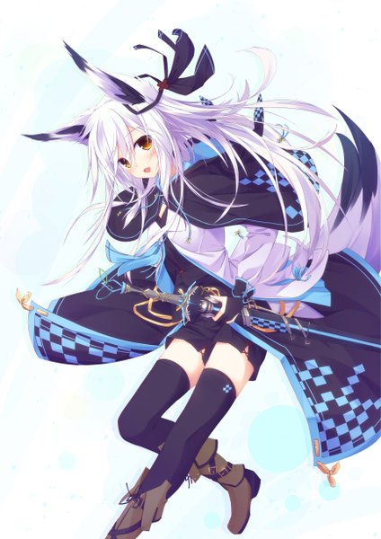 Anime picture 868x1228 with original nagishiro mito long hair tall image looking at viewer blush open mouth brown eyes animal ears white hair fox ears girl thighhighs weapon black thighhighs sword boots