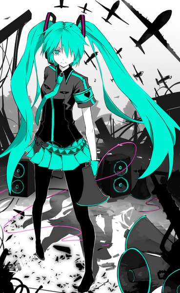 Anime picture 800x1300 with vocaloid koi wa sensou (vocaloid) hatsune miku lunaticprince single long hair tall image fringe standing twintails full body aqua eyes hair over one eye aqua hair shadow girl necktie aircraft airplane speakers