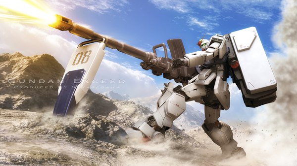 Anime picture 1920x1080 with mobile suit gundam gundam 08th ms team sunrise (studio) ground gundam s.hasegawa highres wide image sky cloud (clouds) realistic wallpaper no people rock 3d weapon gun mecha shield bazooka