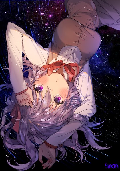 Anime picture 700x1000 with fate (series) fate/stay night type-moon matou sakura sorolp single long hair tall image looking at viewer blush fringe breasts hair between eyes large breasts purple eyes signed purple hair lying long sleeves hand on head