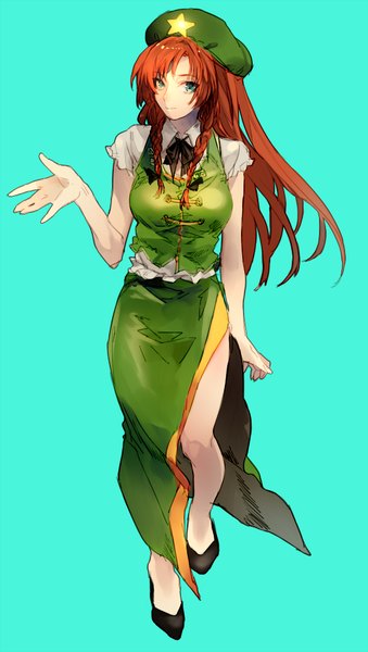 Anime picture 565x1000 with touhou hong meiling asuna (i luv) single long hair tall image looking at viewer blue eyes simple background smile braid (braids) traditional clothes orange hair twin braids chinese clothes walking aqua background girl skirt beret