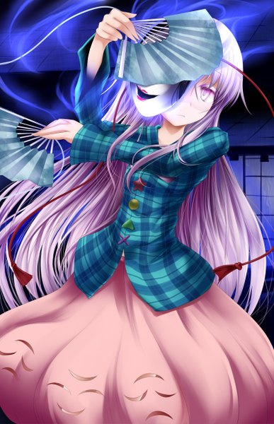 Anime picture 792x1225 with touhou hata no kokoro shimo (depthbomb) single long hair tall image looking at viewer purple eyes purple hair girl dress mask fan