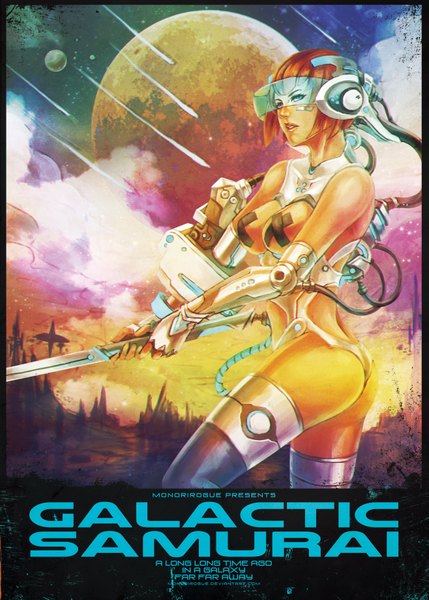 Anime picture 2631x3676 with galactic samurai (artbook) monori rogue single tall image highres short hair breasts blue eyes light erotic ass profile lips orange hair girl weapon sword