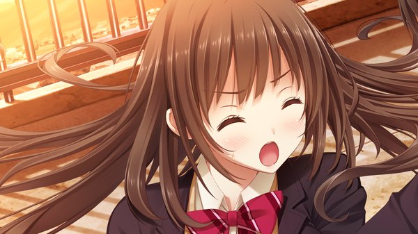 Anime picture 1280x720 with kiss bell giga takahata chiharu long hair open mouth black hair wide image game cg eyes closed girl uniform school uniform bowtie