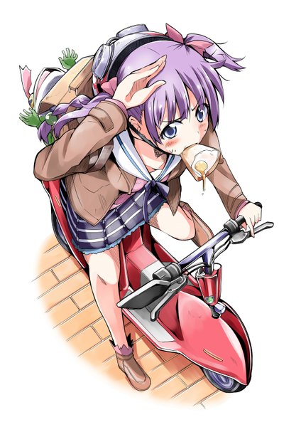 Anime picture 1061x1500 with wizard barristers arms corporation sudou cecile vivi (eve no hakoniwa) tall image blue eyes twintails purple hair food in mouth toast in mouth girl skirt uniform hair ornament school uniform jacket goggles helmet motorcycle frog