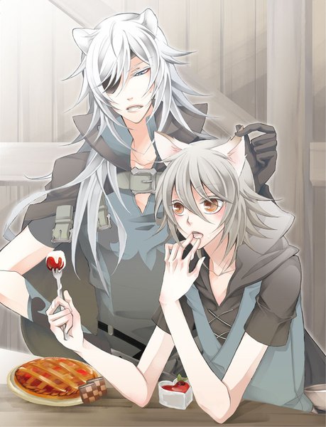 Anime picture 689x900 with lamento nitro+chiral konoe rai minami-sun long hair tall image fringe short hair open mouth blue eyes hair between eyes sitting holding animal ears white hair grey hair multiple boys short sleeves orange eyes