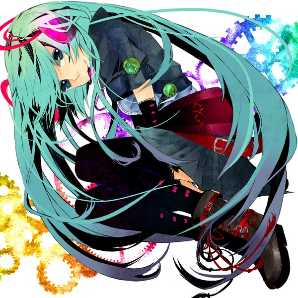 Anime picture 1000x1000 with vocaloid hatsune miku zero14 single long hair twintails aqua eyes aqua hair girl thighhighs skirt black thighhighs miniskirt boots headphones