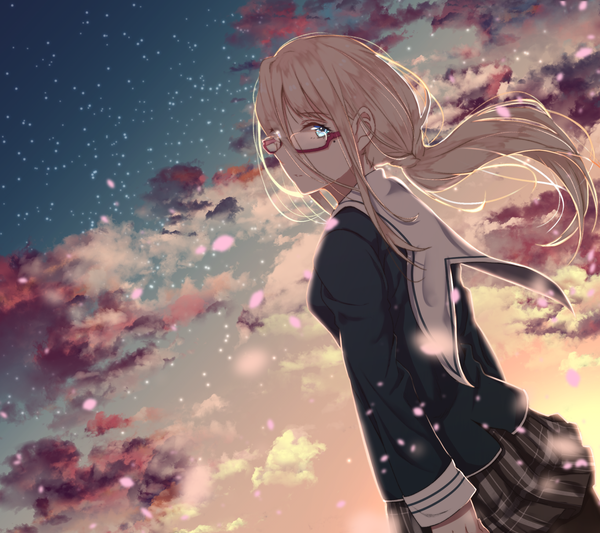 Anime picture 1743x1551 with original saitou (lynx-shrike) single long hair highres blue eyes blonde hair sky cloud (clouds) girl skirt uniform petals glasses serafuku