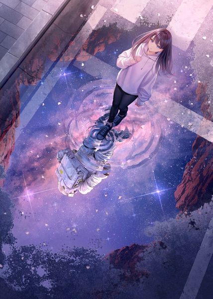 Anime picture 1285x1800 with original sousou (sousouworks) long hair tall image fringe brown hair standing purple eyes full body long sleeves from above night sparkle night sky reflection milky way different reflection girl animal petals