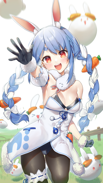 Anime picture 1133x2000 with virtual youtuber hololive usada pekora usada pekora (1st costume) don-chan (usada pekora) nousagi (usada pekora) kirisaki shuusei single long hair tall image looking at viewer breasts open mouth light erotic red eyes animal ears blue hair cleavage braid (braids) head tilt