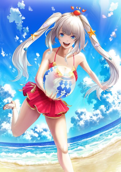 Anime picture 2480x3508 with fate (series) fate/grand order marie antoinette (fate/grand order) marie antoinette (swimsuit caster) (fate) fujifuji924 single long hair tall image looking at viewer fringe highres breasts open mouth blue eyes light erotic smile large breasts standing twintails bare shoulders