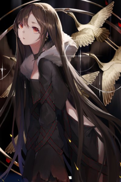 Anime picture 955x1436 with fate (series) fate/grand order yu mei-ren (fate) mao mian single tall image looking at viewer fringe open mouth hair between eyes red eyes brown hair standing long sleeves very long hair sparkle leaning leaning forward fur trim piercing