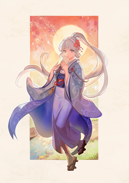 Anime picture 1240x1754 with genshin impact kamisato ayaka oyakorodesu single tall image looking at viewer fringe blue eyes standing holding silver hair full body ponytail blunt bangs very long hair traditional clothes japanese clothes floating hair border standing on one leg