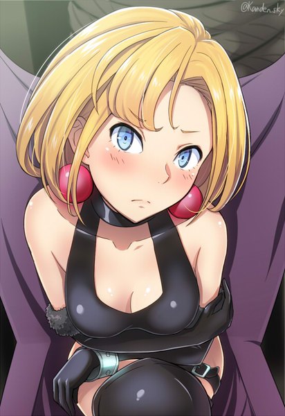 Anime picture 550x800 with junketsu no maria maria (junketsu no maria) kanden sky single tall image looking at viewer blush short hair breasts blue eyes light erotic blonde hair large breasts sitting bare shoulders signed cleavage from above embarrassed twitter username
