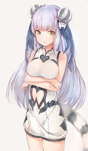 Anime picture 1700x2900 with puzzle & dragons haku (p&d) silver (chenwen) single long hair tall image looking at viewer blush fringe breasts open mouth light erotic simple background large breasts standing bare shoulders yellow eyes purple hair tail blunt bangs
