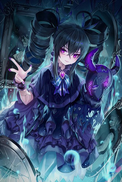 Anime picture 2195x3276 with original okazu (eightstudio) single long hair tall image looking at viewer blush fringe highres black hair hair between eyes standing twintails purple eyes payot ahoge indoors nail polish fingernails light smile
