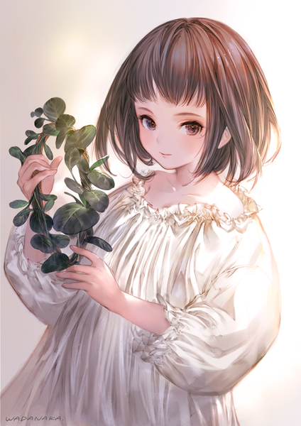 Anime picture 750x1061 with original wadanaka single tall image looking at viewer fringe short hair simple background brown hair holding brown eyes signed upper body blunt bangs mole mole under eye girl frills wreath chemise