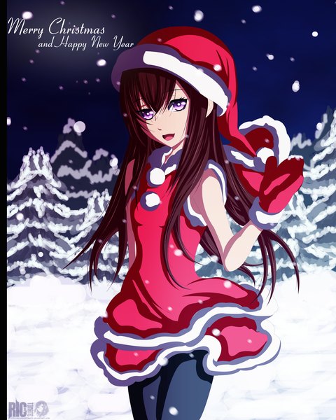 Anime picture 1600x2000 with ric9duran single long hair tall image looking at viewer fringe brown hair standing purple eyes inscription night coloring happy snowing christmas winter snow new year merry christmas happy new year