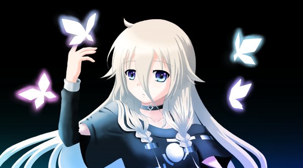 Anime-Bild 2700x1500 mit vocaloid ia (vocaloid) tagme (artist) single long hair highres open mouth blue eyes blonde hair wide image white hair braid (braids) twin braids dark background girl insect butterfly