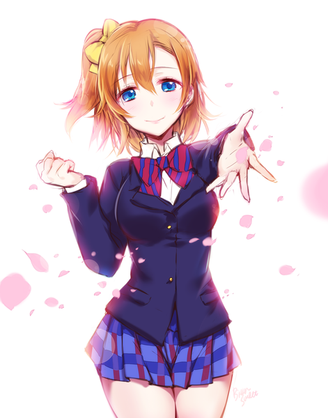 Anime picture 1000x1272 with love live! school idol project sunrise (studio) love live! kousaka honoka bittersweet (dalcoms) single tall image looking at viewer fringe short hair blue eyes simple background smile standing white background pleated skirt orange hair one side up outstretched arm plaid skirt